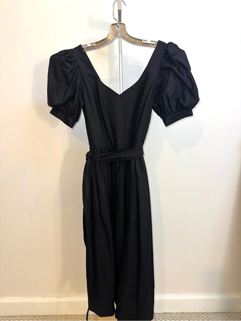 Vintage Laura Ashley Black V-Neck Puff Sleeve Midi Dress